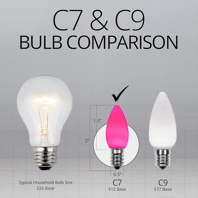 Wintergreen Lighting 25 Pack OptiCore C7 Pink Smooth Finish LED Christmas Light Bulbs, Heavy Duty E12 Base Outdoor Christmas Lights Replacement Bulbs, Valentine’s Day Lights