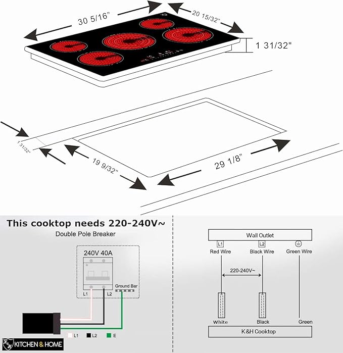 K&H 5 Burner 30 Inch Built-in Electric Stove Top Radiant Ceramic Cooktop Touch Control 240V 9000W CE30-8808NF