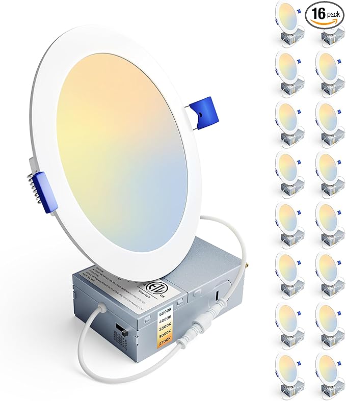 Ensenior 16 Pack 6 Inch LED Recessed Ceiling Light, Dimmable, 2700K-5000K 5CCT, 1050LM 12W 120V, High Brightness Canless Wafer Downlight - ETL&FCC&IC