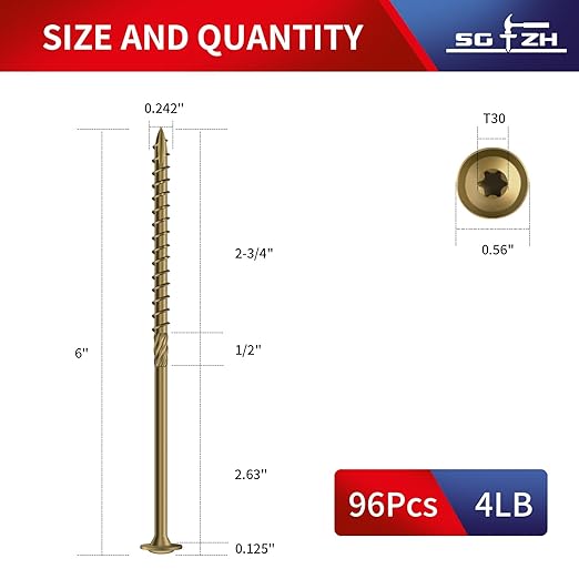 #14 x 6 Inch Lag Screws (96Pcs) 4lb. Structural Wood Screw, Bronze, Carbon Steel, Washer Head, Rust Resistant epoxy Coated, T30 Star Bit