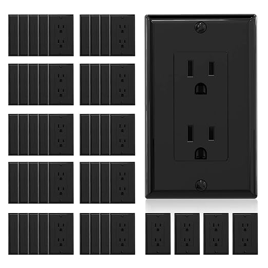 ELEGRP Decorator Receptacle, 15A 125V Standard Electrical Wall Outlet, 2 Pole 3 Wire, Non-Tamper Resistant, NEMA 5-15R, Self-Grounding Residential Grade, w/Wall Plate, UL (Glossy Black, 50 Pack)