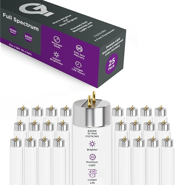 GoodBulb 32W 48 Inch T8 Fluorescent Light Bulb, 6500K Full Spectrum Medium Bi-Pin Base, 3050 Lumens 86 CRI 24000 Life Hours, Instant/Programmed Start (Pack of 25)