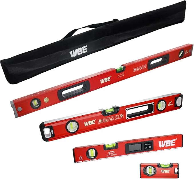 WBE 4-Piece Torpedo-Level Set with Magnetic, Digital-Leveler with LCD Display, 4.7", 16", 20", 40" Aluminum Alloy Spirit Level-Set with Carrying Bag, Bubble Vials Ruler for 45/90/180 Degree.