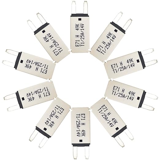 Auto Reset 25A 14V DC Mini Blade Fuse Kit 10-Piece Circuit Breaker Assortment for Car Truck RV ATM E71 T1 Compatible Heavy Duty Self-Resetting Protection