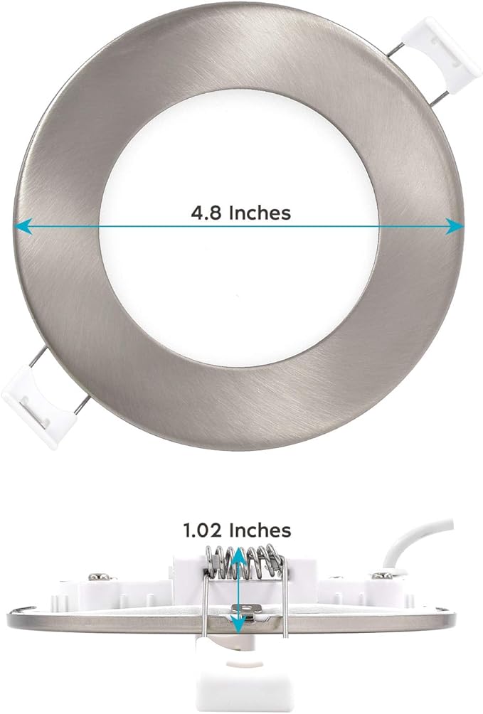 LUXRITE 4 Inch Ultra Thin LED Recessed Light with J-Box, 10W, 5 Color Options 2700K | 3000K | 3500K | 4000K | 5000K, Dimmable Wafer Lights, 750 Lumens, Brushed Nickel, Energy Star, IC Rated (4 Pack)