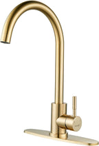 Single Handle High Arc Brushed Gold Kitchen Faucet Stainless Steel Commercial Single Hole Kitchen Sink Faucet, Modern One Hole Bar Sink Faucet with Deck Plate