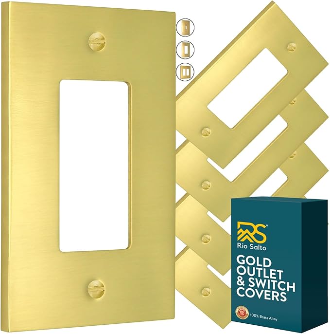 Rio Salto Modern Metal Vibrant Yellow Gold Wall Outlet Cover or Light Switch Cover Rocker Decora Switch Covers Decorator Plug Wall Plate Electric Outlet Covers Receptacle - Midsize 1 Gang 5-Pack