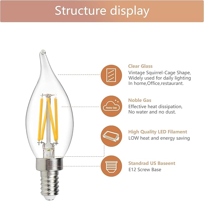 6 Pack E12 Led Light Bulbs, 40 Watt Equivalent 4W, CA10 2700K Warm White 400LM Dimmable Chandelier Bulbs, High Brightness Candelabra Bulbs, CA11 Clear Flame Tip Light Bulbs for Chandelier