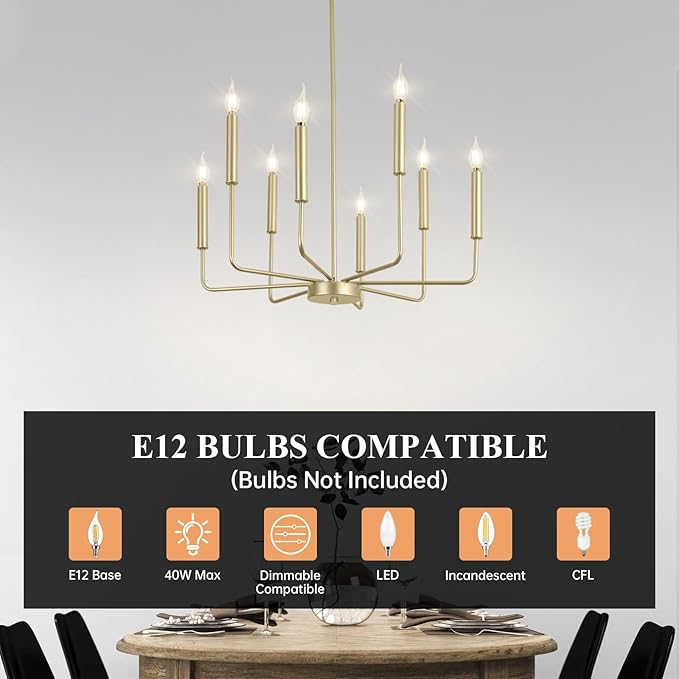 Qamra Modern Farmhouse Gold Chandelier for Dining Room, 8-Light Rustic Candle Chandelier Light Fixture, Industrial Hanging Chandeliers Lighting for Living Room, Kitchen, Staircase, Entryway, Foyer