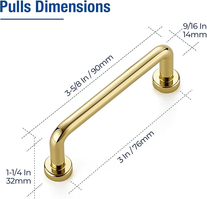 JOY DECOR Cabinet Pulls – 3 Inch Hole Center, Polished Brass, 5 Pack, Zinc Alloy Cabinet Handles for Drawers & Cupboard – Vintage Style Hardware for Kitchen, Bathroom, Dresser, Furniture Makeover