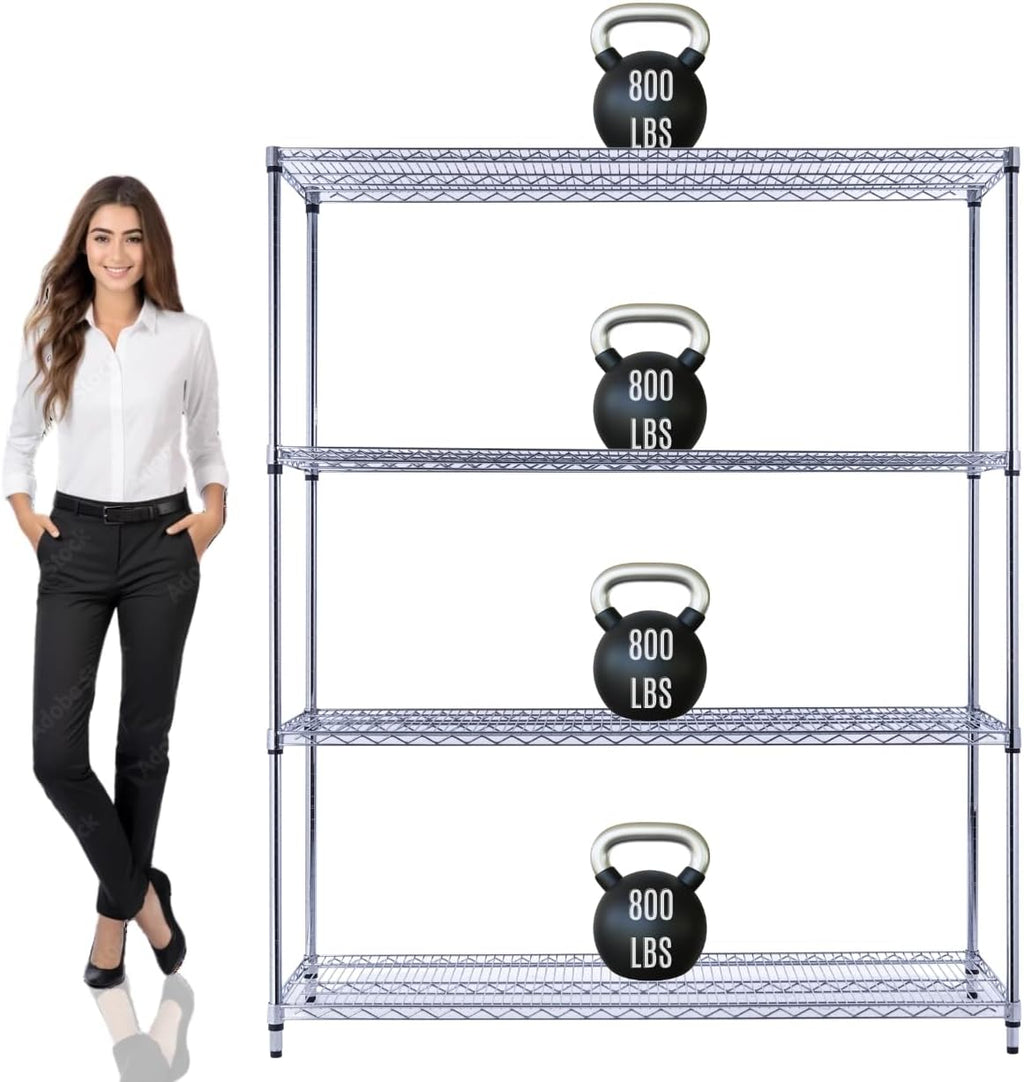 60"x18"x72" Prime Heavy Duty Chrome 4-Tier Wire Shelving NSF 3200 LBS MAX Capacity Storage Rack for Commercial, Hospital, School, Garage, and Kitchen Uses (with Wheels)
