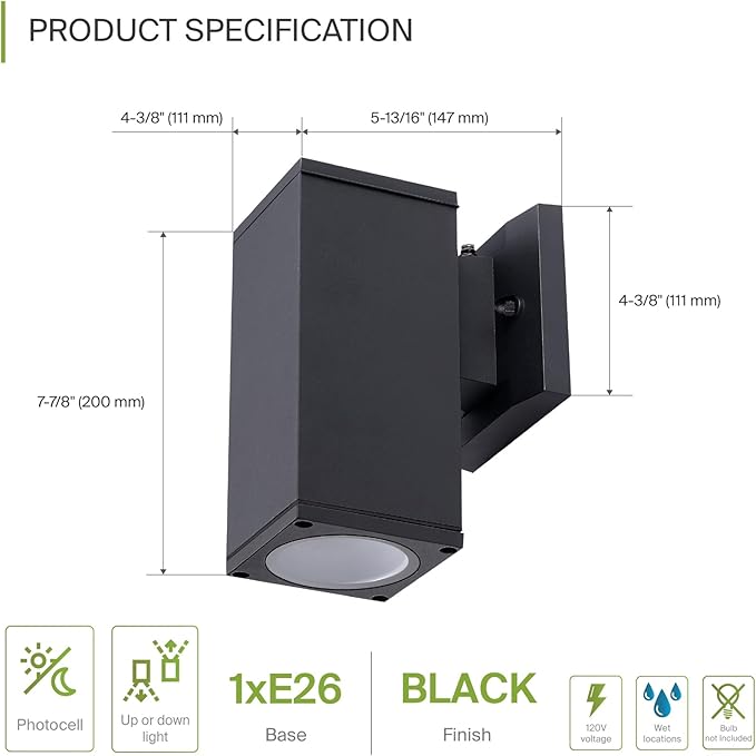 ASD 1 Light Square Dusk to Dawn Outdoor Wall Light Fixture | 60W E26 Bulb Socket 120V ETL Cylinder Up Down Lights | LED/CFL/Incandescent Bulb Wall Sconce | Front Door, Porch, Patio | Black