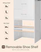 Closet System with Drawer, 5-8FT Closet Organizers and Storage with 5 Adjustable Hanging Rods and Shoe Rack, 96" Walk in Closet Organizers and Storage with Drawers, Heavy Duty, White