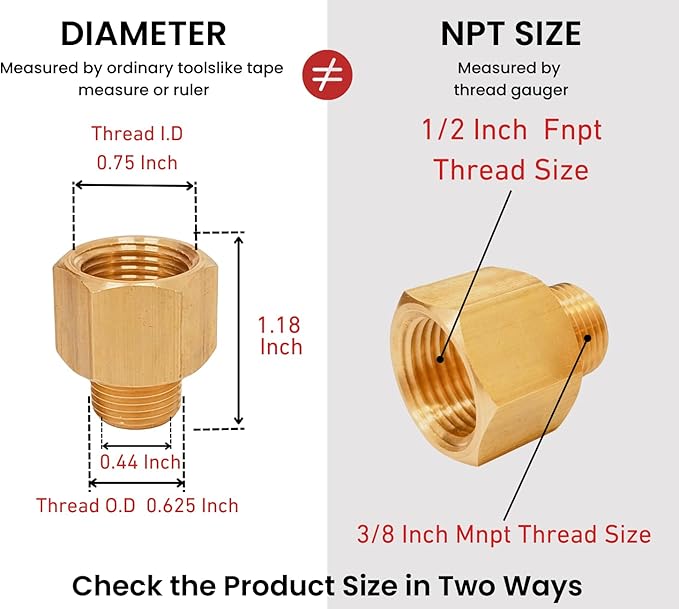 2 Pack Brass Pipe Fittings, 1/2" NPT Female to 3/8" NPT Male Reducer Adapter, Solid Brass Pipe Extension Connectors, Thread 0.75" ID × 0.625" OD, 300 Psi