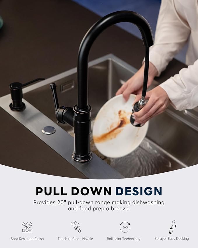 Antique Oil Rubbed Bronze Kitchen Sink Faucet with Soap Dispenser, DAYONE Pull Down Farmhouse Faucet for Sink with 3 Mode Sprayer, Single Handle High Arc, DAY-APS136-ORB
