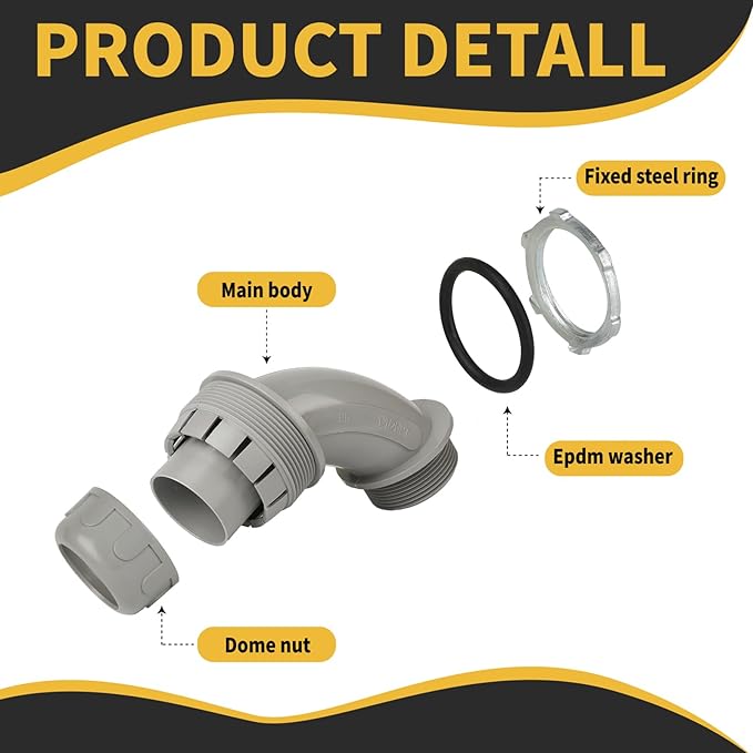 Conduit Connectors, 1-1/2 Inch Liquid Tight Connector NPT Non-Metallic for PVC Electrical Flexible Conduit Fittings, 90 Degree, UL Listed for Home Outdoor Tubes Tools, Grey (5-Pack)