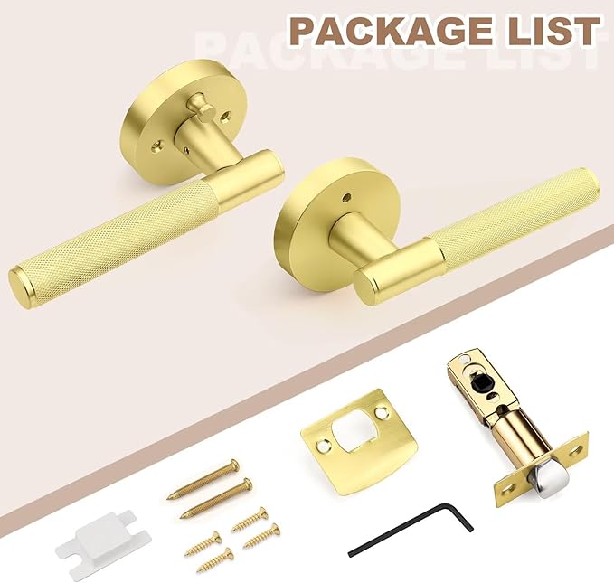 1 Pack Privacy Door Handle Brass, Gold Door Knob Interior with Lock, Keyless Knurled Door Lever for Bedroom or Bathroom, Reversible for Right & Left Side