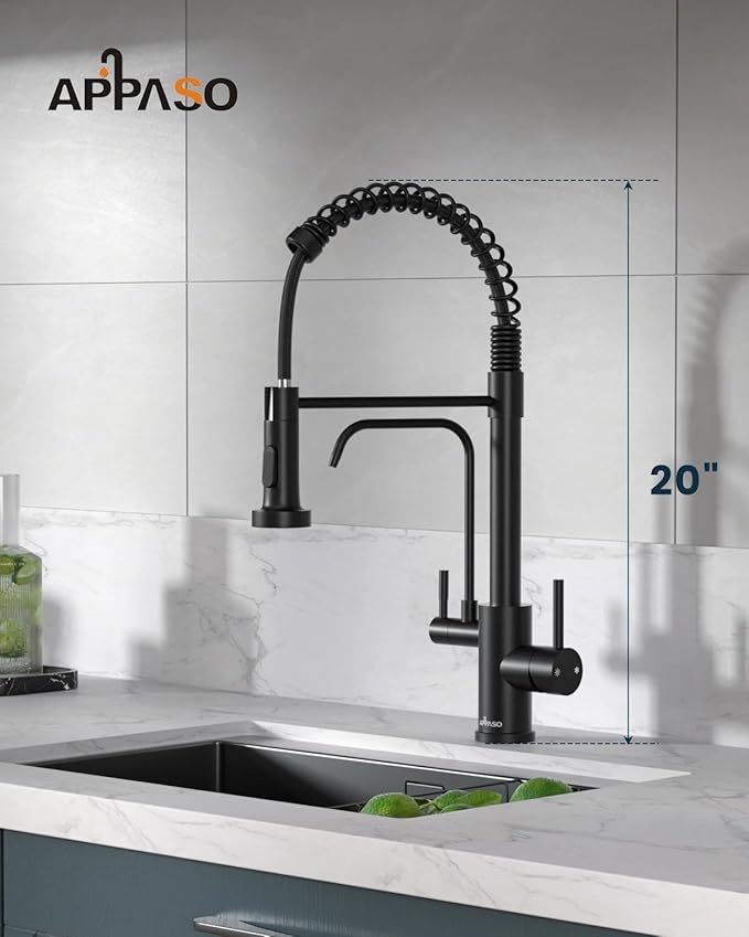 APPASO Black Kitchen Faucet with Drinking Water Faucet, 3 in 1 Pull Down Faucet with Purfied Water Faucet, Single-Handle High Arc Kitchen Water Filter Faucet, Matte Black (Without Filtration Device)