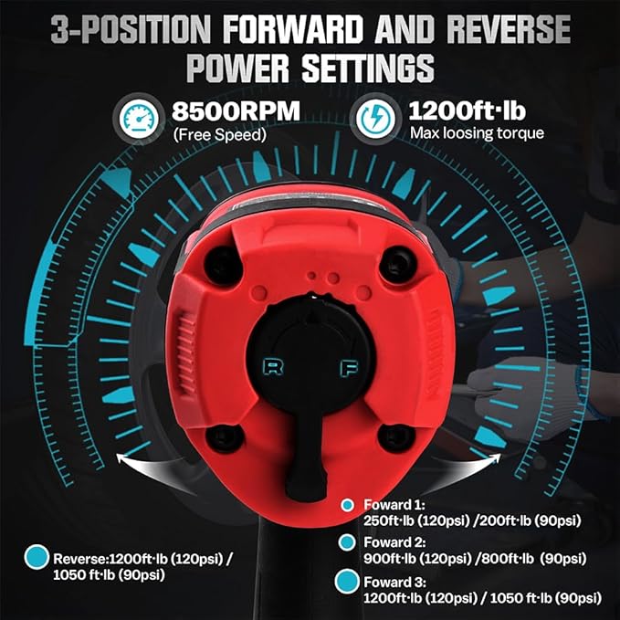1/2 Inch Composite Air Impact Wrench | Compact & 4.08 lbs Lightweight Design | Max Torque 1200 ft-lbs | Variable Power Settings | 8500RPM Heavy Duty 1/2 Air Impact Gun Pneumatic Tool for Auto Repair