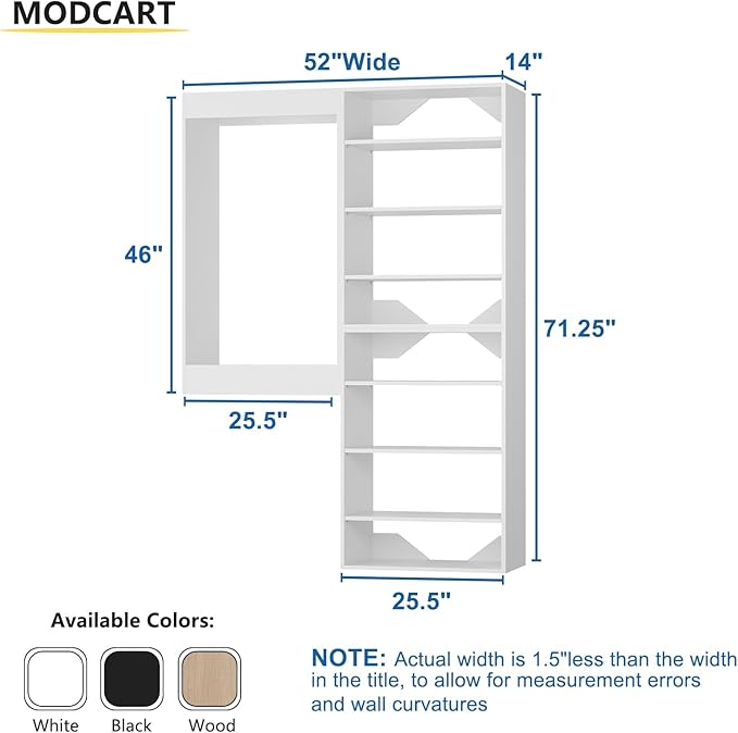 Modular Closet System, 52" Wide Organizer With Towers and Hanging, Wood Tower Storage for Walk In Closets, Wall Mounted Wardrobe Kit, Bedroom, White