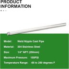 TAISHER 2PCS 304 Stainless Steel Pipe Fittings, 1/4" NPT Male Threaded, 10" Length Weld Nipple Cast Pipe