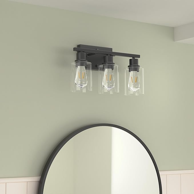 EMONG 3-Lights Bathroom Light Fixtures, Matte Black Vanity Light with Glass Shade, Modern Wall Sconces Lighting for Bathroom,Mirror,Farmhouse,Hallway