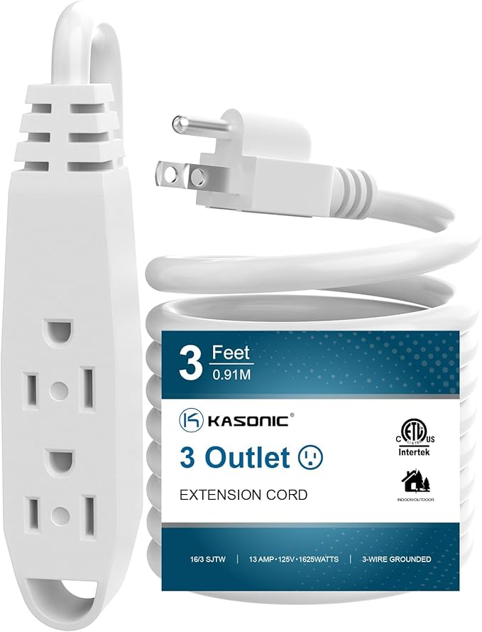 K KASONIC - 3-Feet 3 Outlet Extension Cord, UL Listed, 16/3 SJTW 3-Wire Grounded, 13 Amp 125 V 1625 Watts, Multi-Outlet Indoor/Outdoor Use, White