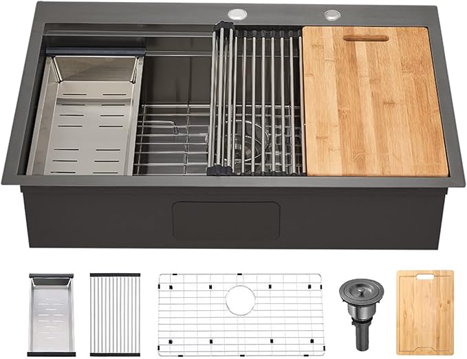 SHACO 33x22 Black Drop In Kitchen Sink, 33 Inch Gunmetal Black Stainless Steel Top Mount Single Bowl Overmount Double Ledges Workstation Sink with Accessories