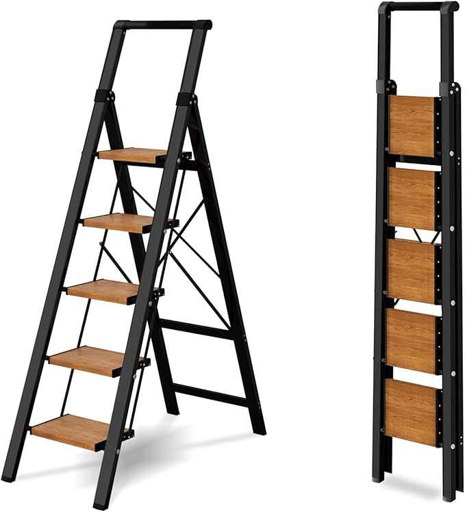 5 Step Ladder, Lightweight Folding Step Stool with Anti-Slip Aluminum Wide Pedal& Convenient Handgrip, 330lbs Capacity Steel Ladder for Household and Office (Black&Woodgrain)