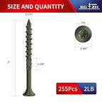 #8 x 2 Inch Deck Screws (255Pcs) 2lb. Carbon Steel, Green, Flat Head, Rust Resistant epoxy Coated, with T25 Star Bit