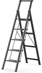 5 Step Ladder, Folding Step Stool with Handgrip and Anti-Slip Wide Pedal, Portable Iron Stepladder for Kitchen, Home, Library, Office (300 lbs Capacity) - Black
