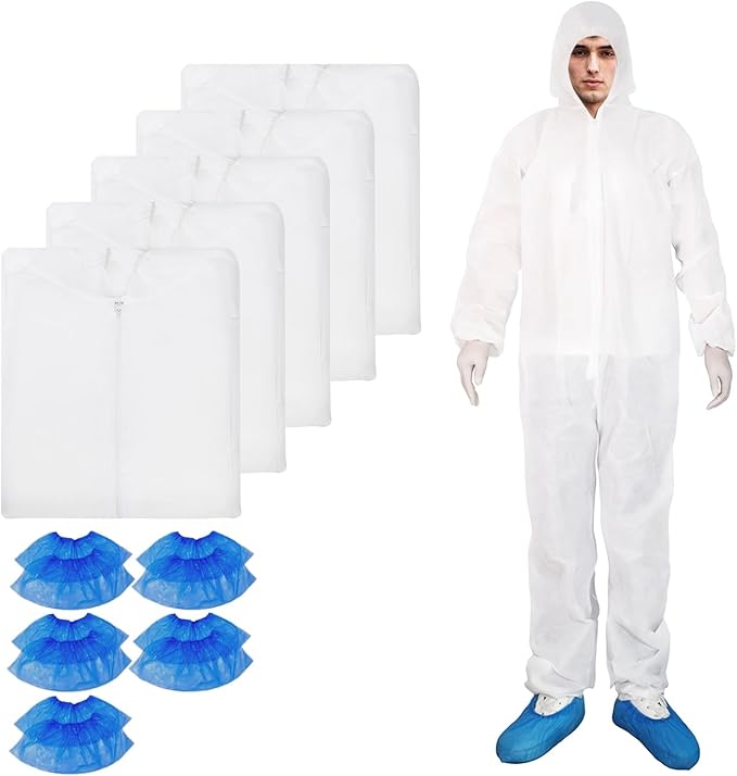 ETERNA Hazmat Suits- 5 Pack Disposable Protective Coveralls with Hood, Zipper, Elastic Wrists, Shoe Covers for Men & Women, Shield from Dirt, Dust, Paint (White, Large)