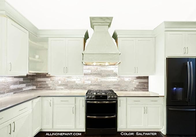 ALL-IN-ONE Paint, Durable cabinet and furniture paint. Built in primer and top coat, no sanding needed. Includes our 30 featured color card - Saltwater (pale green), Gallon