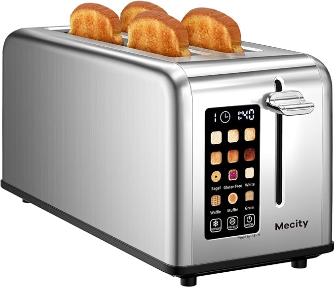 Mecity 4 Slice Toaster Touch Screen 1.5" Long Slot, Stainless Steel Smart Bread Toaster for Bagel Muffin Waffle Gluten Free Breads, Timer, Defrost, Reheat, 120V 1400W