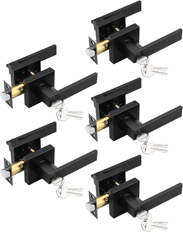 5 Pack Entry Door Levers with Lock and Key, Matte Black Keyed Alike Lockset Combo Pack, Entrance Door Handles for Office and Front Door, Door Knobs Lockset (Each with 3 Keys)
