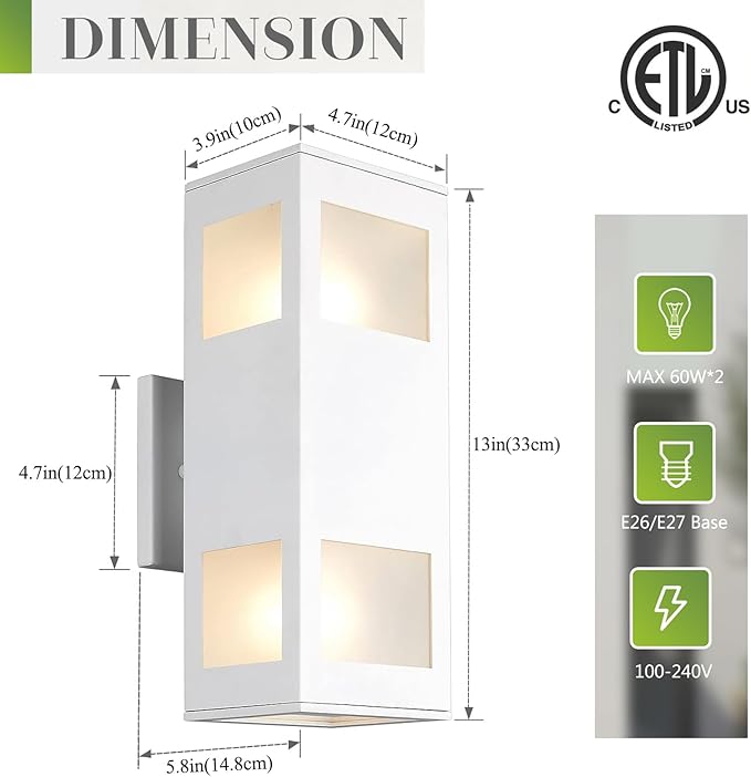 harriet Porch Lights Outdoor Modern - IP64 Waterproof Aluminum and Tempered Glass Cover, 13" Rectangular Up/Down Wall Sconce for Porch, Garage & Patio, Exterior Lighting, White