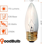 GoodBulb 25-Watt Incandescent Torpedo Light Bulbs B10 Shape Clear Finish Medium E26 Base 2700K Warm White Light Color Dimmable 175 Lumens Decorative Chandelier Lamps Pack of 12