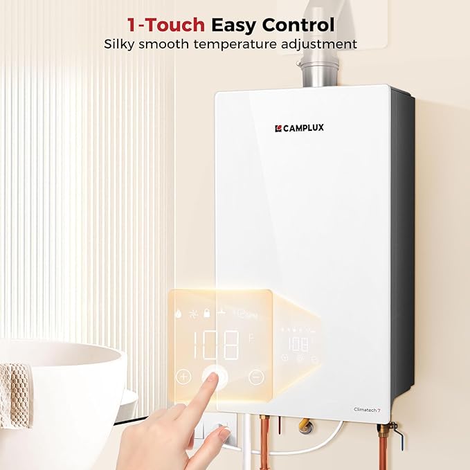 CAMPLUX Climatech 7 Tankless Water Heater Gas Indoor 6.86 GPM, 170,000 BTU On Demand Instant Tankless Hot Water Heater Natural Gas, Indoor Installation, White, CA686W, Real Parameters, No False