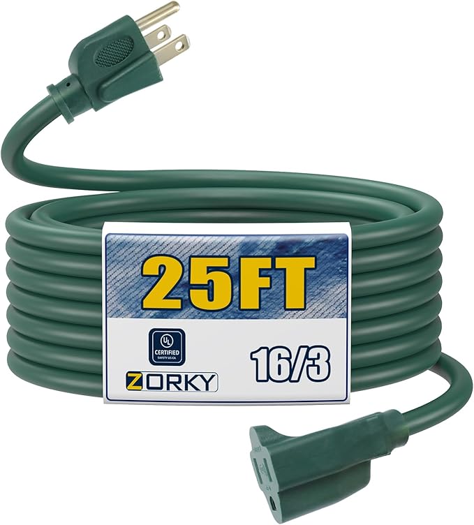 25ft Outdoor Extension Cord - 16/3 Heavy Duty SJTW Waterproof Green Electrical Cable with 3 Prong Grounded Plug for Safety, Great for Lawn and Major Appliances