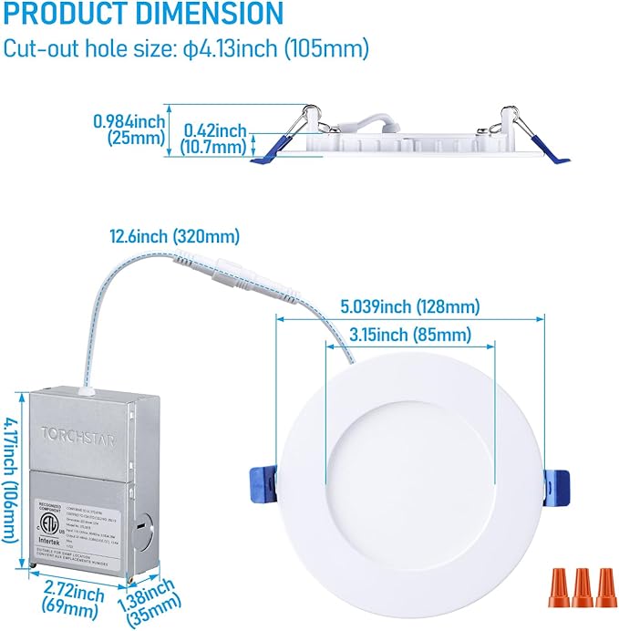 TORCHSTAR Basic Series 12-Pack 4 Inch Ultra-Thin LED Recessed Lighting with Junction Box, CRI90, Aluminum, 3000K Warm White, 5%-100% Dimmable Slim Recessed Downlight, 9W 800LM, ETL and Energy Star