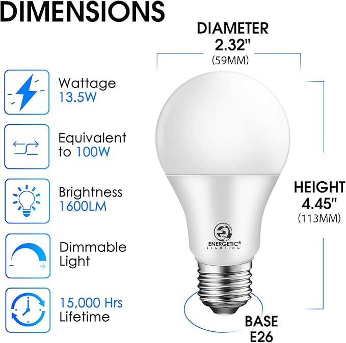 Energetic 12-Pack A19 LED Bulb 100W Cool White 4000K Dimmable Light Bulbs, 13.5W 1600lm CRI80+, 15000Hrs, ETL Listed