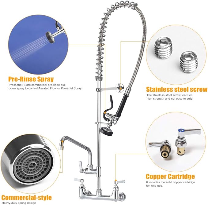 Commercial Kitchen Sink Faucet with Sprayer: 47 Inch Height 8" Center Commercial Wall Mount Faucet with Pull Down Pre Rinse Sprayer and 12" Swing Spout Kitchen Sink Faucet Fit for 2 3 Compartment Sink