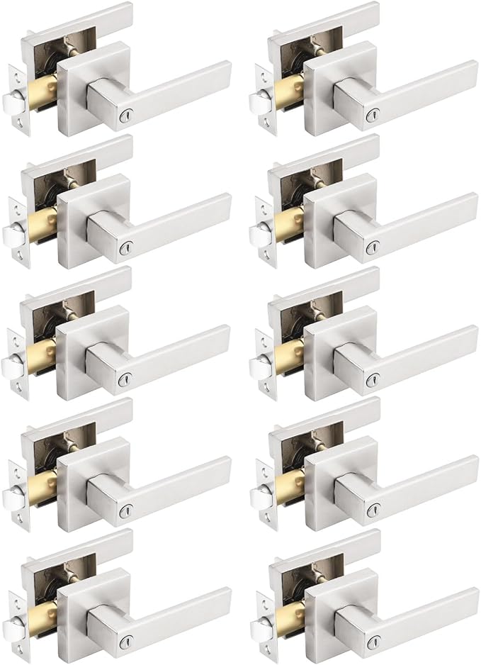 Gobrico 10 Pack Square Satin Nickel Privacy Door Locksets,Interior Door Levers for Bed/Bath,Thumb-Turn Button Inside,Used on Left/Right-Handed Doors