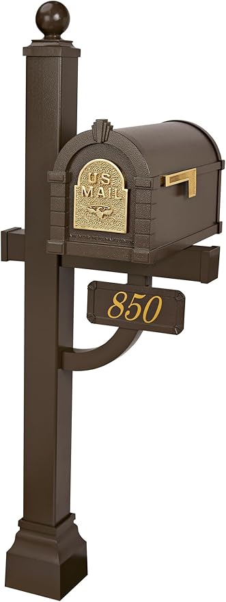Gaines - Keystone Deluxe Post and Mailbox Package with Personalized Address Plaque and Decorative Cuff (Bronze with Polished Brass Eagle)