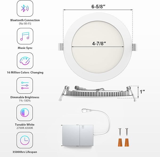 Smart LED Recessed Ceiling Soffit Lights 6 Inch, 12W Canless Recessed Lights with 1080LM and RGB+CCT Colors, Dimmable LED Downlight with Junction Box, 4 Pack