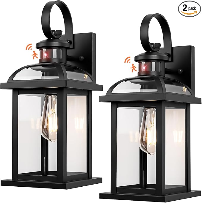 Motion Sensor Porch Lights Dusk to Dawn 16 Inch, 2-Pack Aluminum Anti-Rust Black Large Outdoor Sconces Wall Mounted House Lighting Exterior Coach Lights Patio Light Fixtures, E26