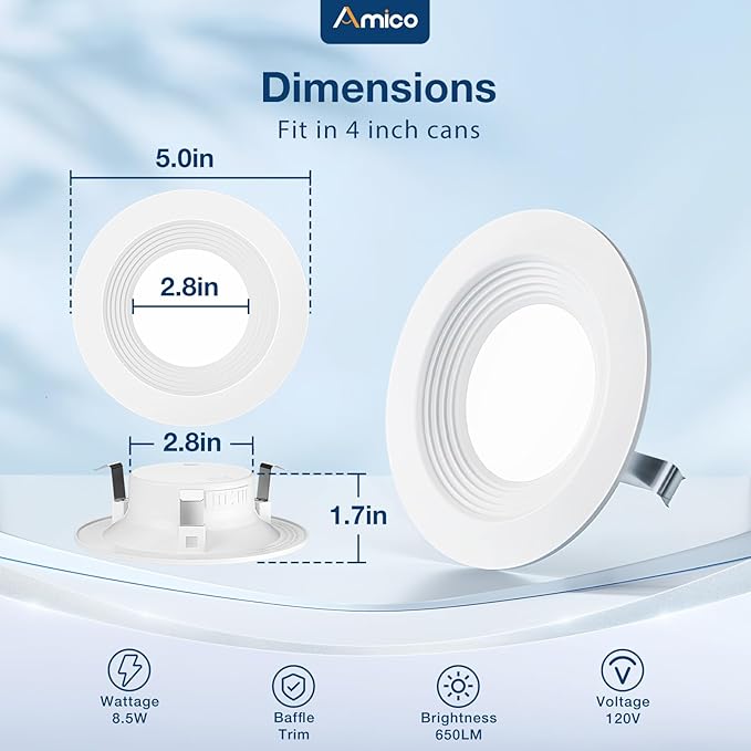 Amico 48 Pack 4 inch 5CCT LED Recessed Lighting, Dimmable, 8.5W=60W, 650LM, 2700K/3000K/4000K/5000K/6000K Selectable, Retrofit Can Lights with Baffle Trim, IC & Damp Rated - ETL & FCC Certified