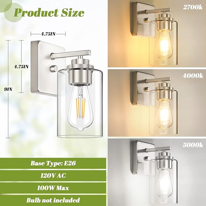 Set of 2 Wall Sconces for Bathroom, Brushed Nickel Vanity Light Fixtures, Modern Wall Mount Lighting Lanterns, Farmhouse Wall Lamps with Clear Glass Shade for Bedroom Living Room Mirror Hallway Porch