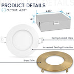 LUXRITE 4 Inch Ultra Thin LED Recessed Light with J-Box, 10W, 5 Color Options 2700K | 3000K | 3500K | 4000K | 5000K, Dimmable Wafer Lights, 750 Lumens, Brass Trim, Energy Star, IC Rated (4 Pack)