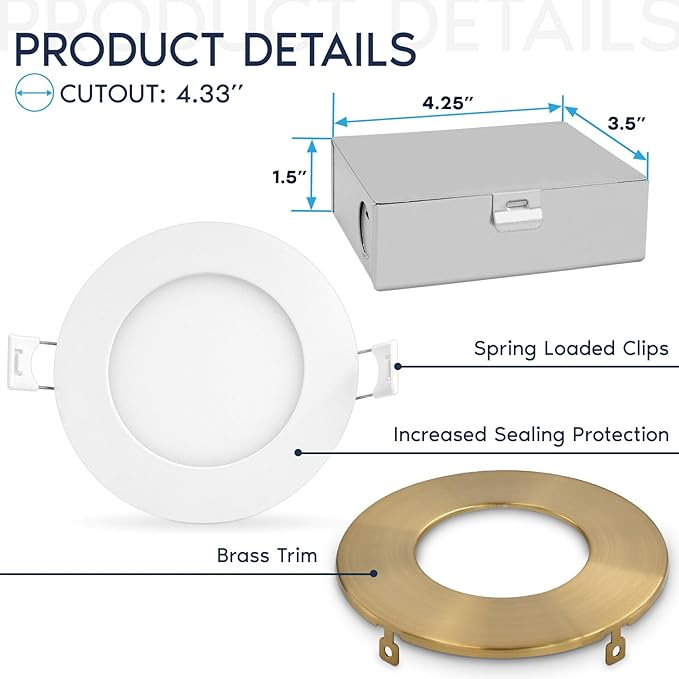 LUXRITE 4 Inch Ultra Thin LED Recessed Light with J-Box, 10W, 5 Color Options 2700K | 3000K | 3500K | 4000K | 5000K, Dimmable Wafer Lights, 750 Lumens, Brass Trim, Energy Star, IC Rated